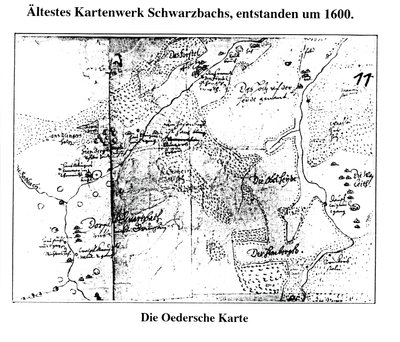 rond 1600, eerste kartering van Schwarzbach/Erzgeb door Matthias Oeder